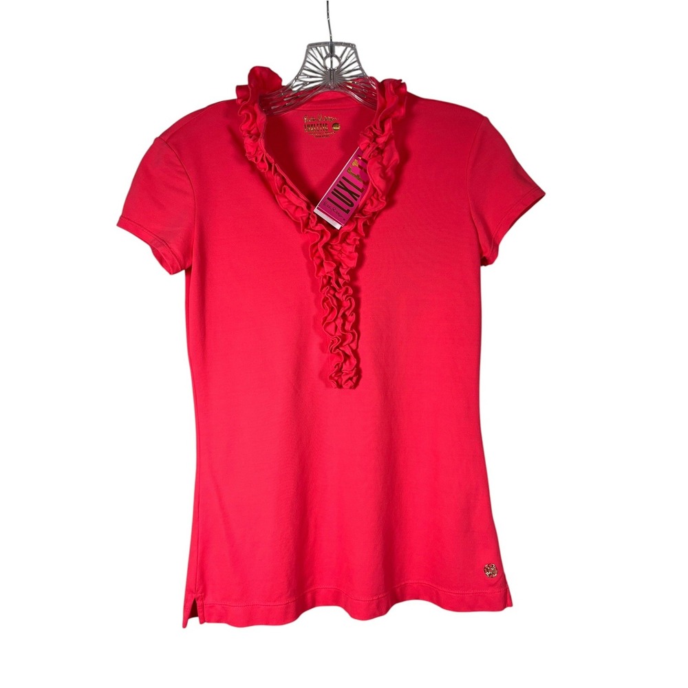 $118 NWT Lilly Pulitzer Sz XXS Top Coral Frida Ruffle Polo Shirt Tennis Golf New